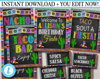 May include: Printable set of 8 colorful chalkboard signs with a fiesta theme. The signs feature text such as "Taco Bout A Fiesta!" and "Nacho".