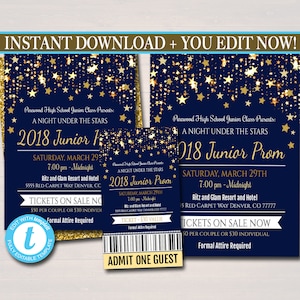 EDITABLE Prom Set, Dance Flyer Invitation Ticket Starry Night, Gold Glitter Under The Stars High School Event, Pto, Pta INSTANT DOWNLOAD image 1