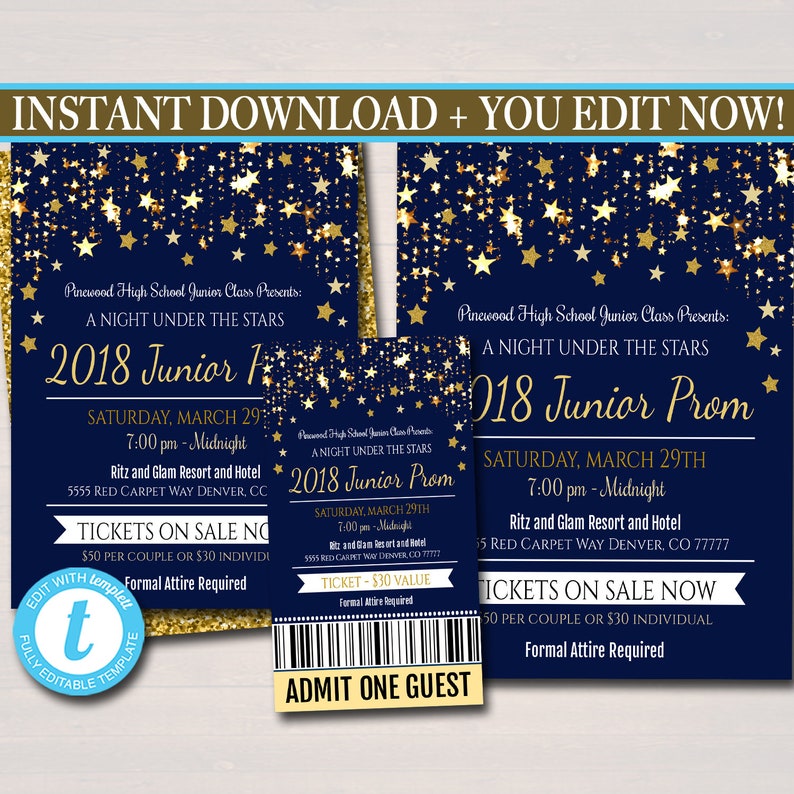 EDITABLE Prom Set, Dance Flyer Invitation Ticket Starry Night, Gold Glitter Under The Stars High School Event, Pto, Pta INSTANT DOWNLOAD image 1