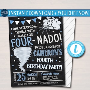 Tornado Birthday Party Invitation, Storm Chaser Fourth Birthday Four-nado Kids Party, Boys Twister Birthday Invite, DIY EDITABLE Template