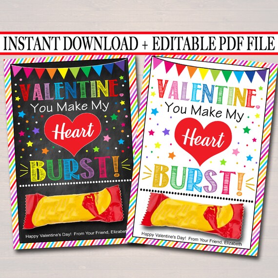 EDITABLE You Make My Heart Burst Valentine's Day Cards, INSTANT DOWNLOAD, Printable Kids Classroom Valentine, Candy Starburst Digital Tags Il_570xn