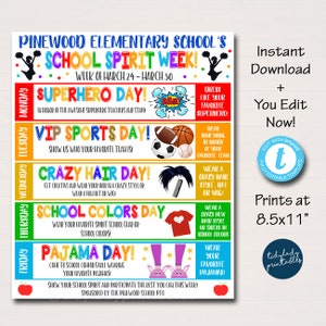 School Spirit Week Reisschema, Dagelijkse Weekkalender, School Pto Pta, Elementaire Kinderen Schema Planner, Afdrukbare bewerkbare sjabloon