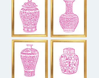 Pink Ginger Jar Digital Art Prints, INSTANT DOWNLOAD, Pink and White Chinoiserie Vases Set of 4