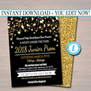 EDITABLE Prom Dance Invitation. Starry Night, Gold Glitter An Evening Under The Stars High School Dance Event, Pto, Pta INSTANT DOWNLOAD image 1