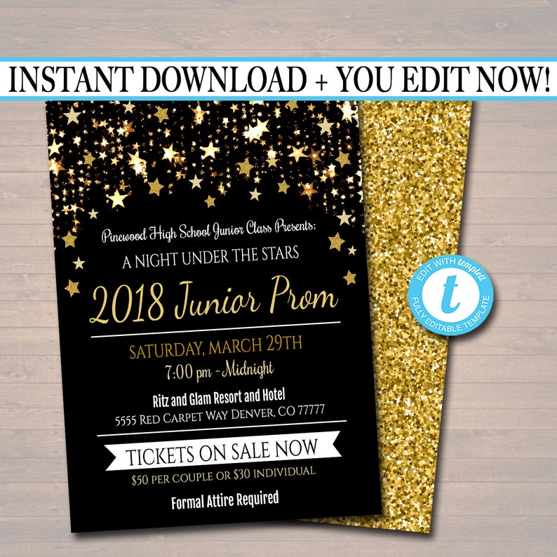 EDITABLE Prom Dance Invitation. Starry Night, Gold Glitter An Evening Under The Stars High School Dance Event, Pto, Pta INSTANT DOWNLOAD image 1