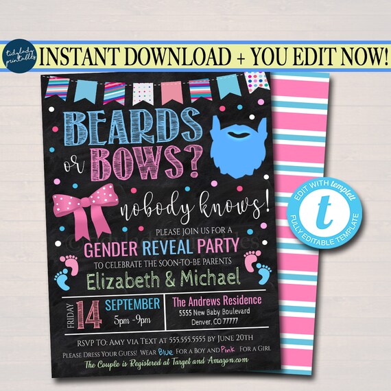 Beards or Bows Gender Reveal Invitation, Team Blue or Team Pink, BabyQ bbq backyard Cookout Coed Couples Shower Sprinkle, EDITABLE TEMPLATE Il_570xn
