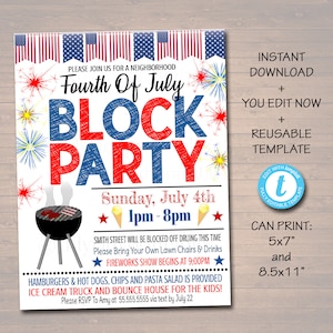 May include: Fourth of July Block Party invitation with red, white, and blue stars and fireworks. The invitation includes the date, time, and location of the party. It also mentions that hamburgers, hot dogs, chips, pasta salad, and ice cream will be provided. The invitation also includes a bounce house for kids.