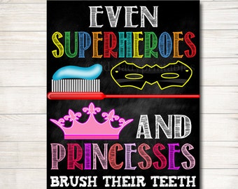 Kids Bathroom Art, Pediatric Dental Office Art, Daycare Bathroom Art, Superhero Bathroom Posters, INSTANT DOWNLOAD, Kids Oral Hygiene Poster