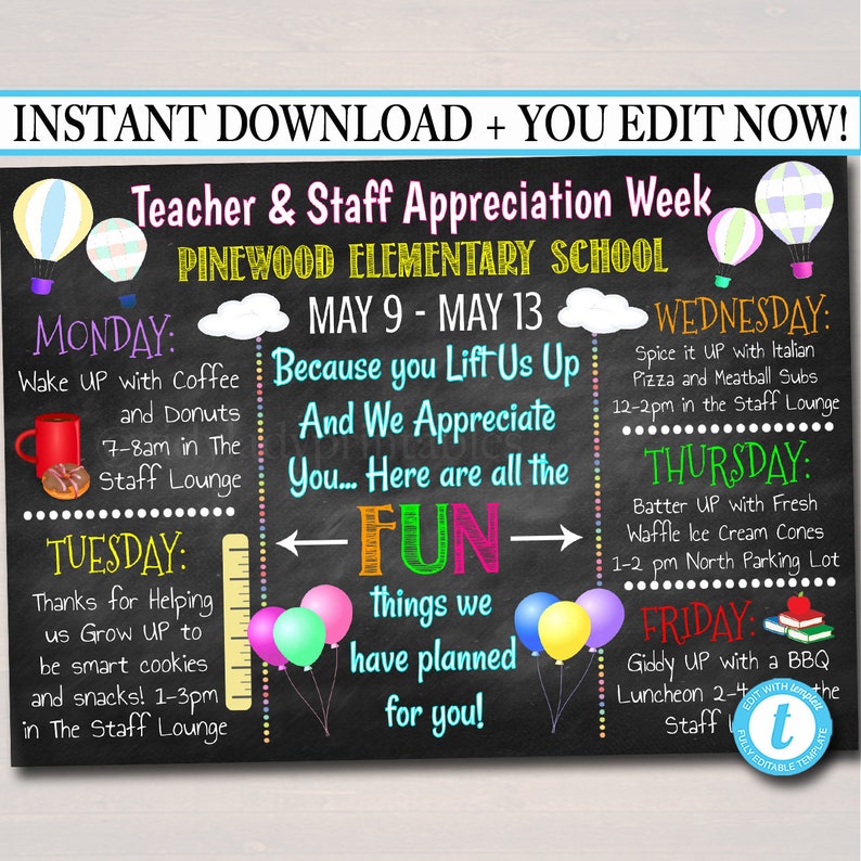 EDITABLE Teacher Appreciation Week Itinerary Poster Digital Etsy