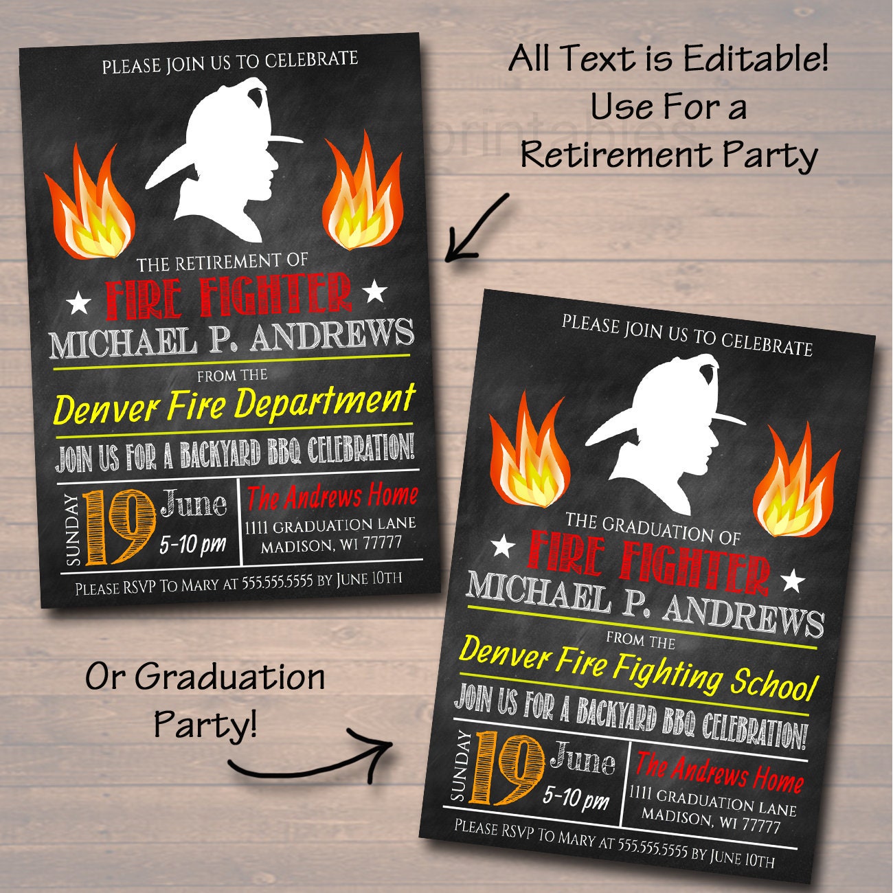 Firefighting Invitation Editable Fire Fighter Graduation Invitation Chalkboard Printable ...