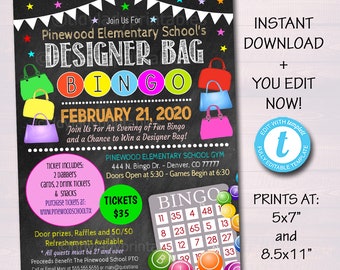 Designer Bag Bingo Night Flyer, Printable School Pto Pta Family Womens Fundraiser Event, Community Church Bingo Fundraiser Editable Template