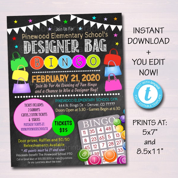 Designer Bag Bingo Night Flyer, Printable School Pto Pta Family Womens Fundraiser Event, Community Church Bingo Fundraiser Editable Template