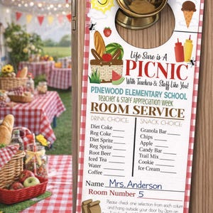 Picnic Theme Teacher Appreciation Week Room Service Door Hanger: Staff Thank You Idea Editable Template (Digital Download)