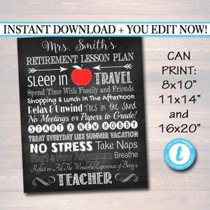 EDITABLE Teacher Retirement Gift, Chalkboard Printable Teacher Poster Sign, Retirement Gift, Teacher Lesson Plan, Teacher Appreciation Gifts
