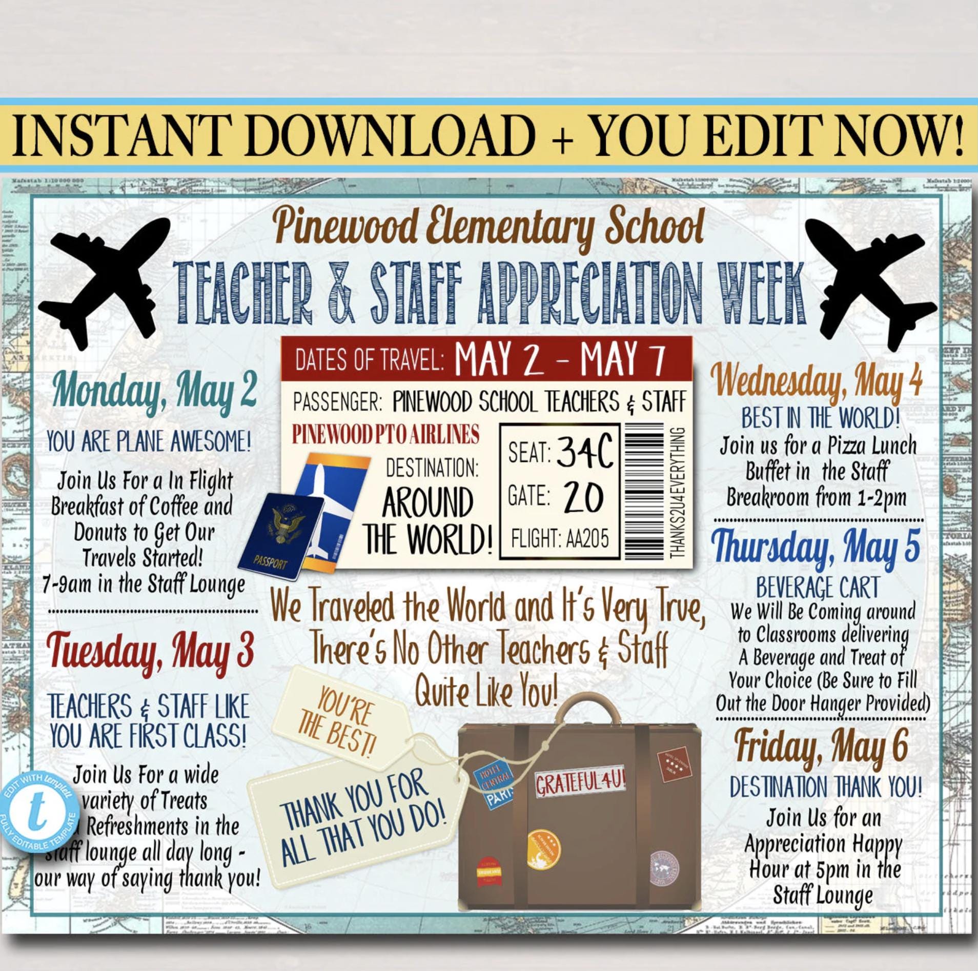 Travel Map Theme Teacher Appreciation Week Itinerary Poster Printable ...