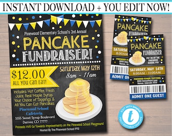 EDITABLE Pancake Breakfast Fundraiser Flyer Ticket Set, pto pta, Church Charity Community School Benefit Event, Flapjacks INSTANT DOWNLOAD