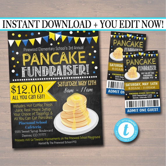 editable pancake breakfast fundraiser flyer ticket set pto