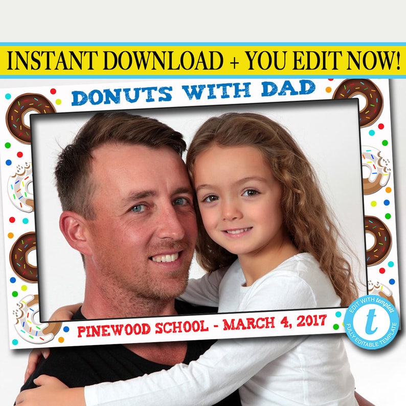 EDITABLE Donut Party Photo Frame, Photo Booth Prop, Donuts With Dad, Kid's Donut Birthday Party, INSTANT DOWNLOAD Template, Pto School Event image 1