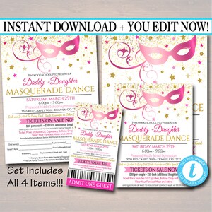 EDITIERBARE Maskerade Daddy Daughter Dance Set, Flyer Einladung Ticket Maskerade Ball, Quincenera Ball, Pto, Pta Instant Download