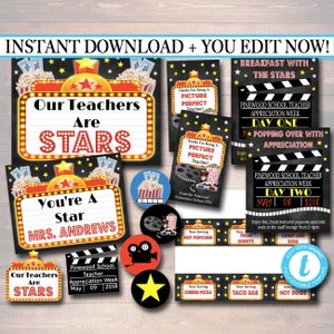 EDITABLE Teacher Appreciation Movie Themed Decor, Digital Files, Cinema Movie Star Themed Week School Events, INSTANT DOWNLOAD Printables