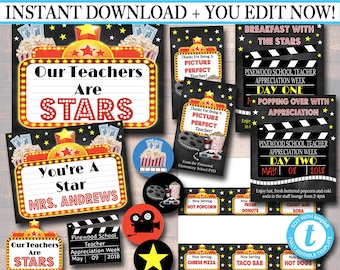 EDITABLE Teacher Appreciation Movie Themed Decor, Digital Files, Cinema Movie Star Themed Week School Events, INSTANT DOWNLOAD Printables