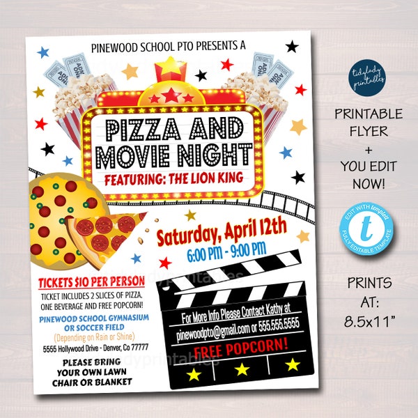 Pizza et Movie Night Flyer, School or Church Pizza party, School Pto Pta Fundraiser, Cinema Party Printable Invitation, EDITABLE TEMPLATE