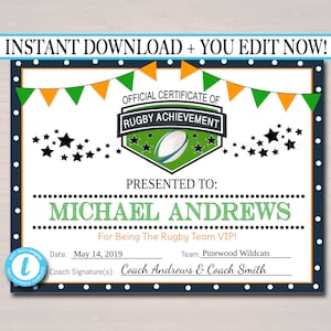 EDITABLE Rugby Award Certificates, INSTANT DOWNLOAD, Team Ruby union Awards, Rugby Party Printable, Printable Award Sports Certificates