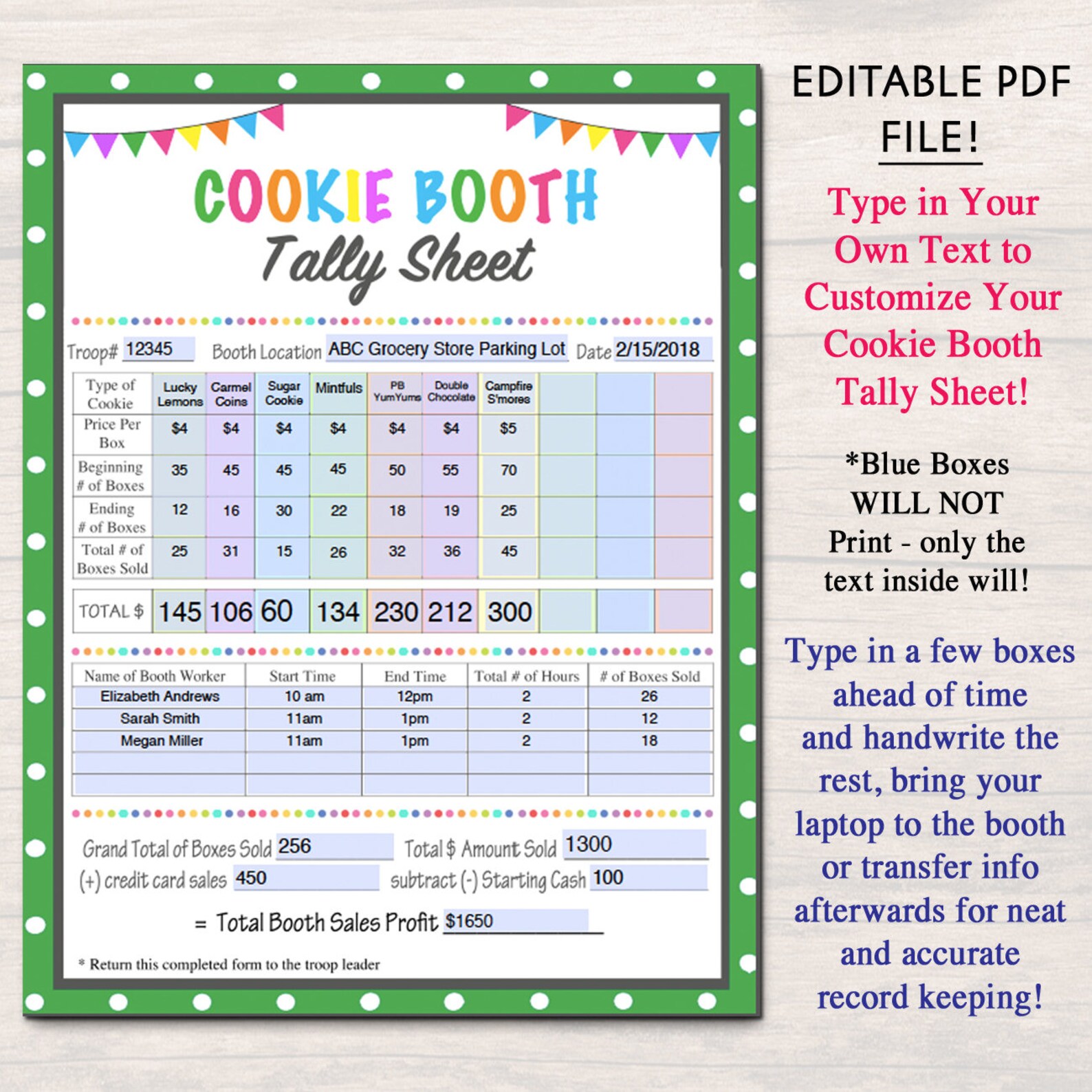 EDITABLE Cookie Booth Tally Sheet INSTANT DOWNLOAD Troop Etsy