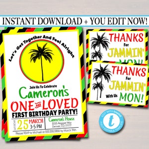 EDITABLE One Love First Birthday Party Invitation, Jamaica Reggae Theme Theme, One Year, Let's Get Together & Feel Alright, INSTANT DOWNLOAD image 1