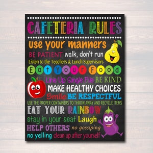 School Cafeteria Rules Poster, PRINTABLE, INSTANT DOWNLOAD Lunchroom School Teacher Sign, School Poster, Cafeteria Wall Art, Eat Your Veggie