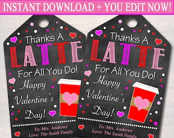 Editable Valentine's Day Coffee Gift Tags: Teacher Appreciation (Instant Download)