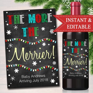 Annonce de grossesse de Noël, étiquette de vin vacances tableau imprimable Pregancy révèlent, plus on est de fous, téléchargement immédiat imprimable