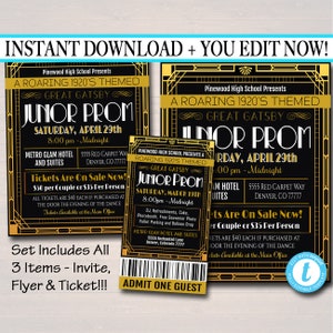 EDITIERBARE Abschlussball-Set, Schultanz-Flyer-Einladung, Ticket Roaring 1920 Great Gatsby Themed High School Event, pto, pta INSTANT DOWNLOAD