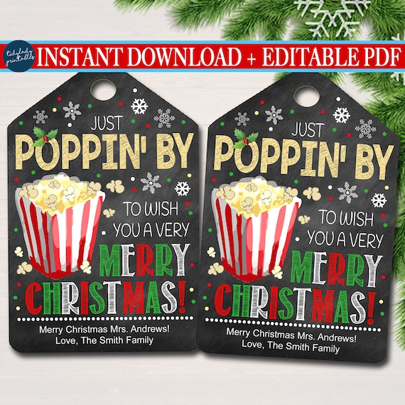 Christmas Popcorn Gift Tags, Secret Santa Office Staff Teacher Gift, Popcorn Tin Holiday Printable, White Elephant INSTANT DOWNLOAD Editable Il_570xn