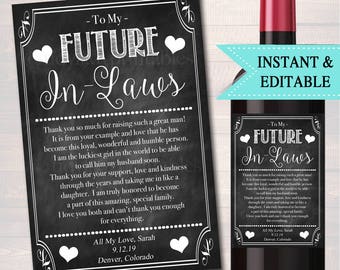 EDITABLE Future In-Laws Wine Labels, Printable Wine Label, Family Marriage Gift, Gift For In Laws INSTANT DOWNLOAD, Parents Wedding Gift