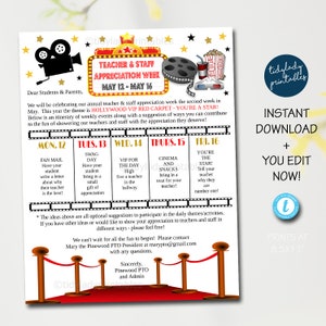 Editable Hollywood Teacher Appreciation Staff Invitation Newsletter, Printable Appreciation Week of Events, Take Home Flyer INSTANT DOWNLOAD