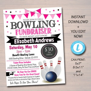 EDITIERBARE Cancer Bowling Fundraiser Flyer, druckbare PTA PTO Flyer, Mädchen Brust Nutzen Fundraiser Event Poster Digital druckbare Einladung