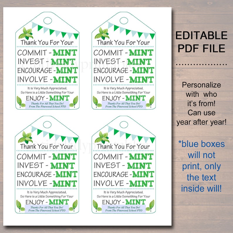 Printable Thank You Mint Tags: Volunteer & Staff Appreciation (editable ...