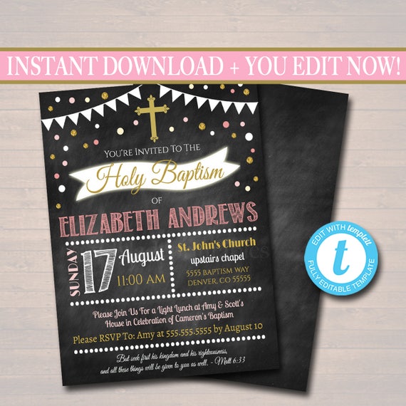 Editable Girl Baptism Invitation Christening Religious Invite Diy