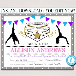EDITABLE Tumbling Certificates, Tumbling Team Awards, Girls Tumbling ...