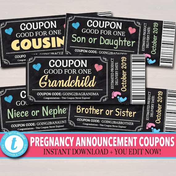 EDITABLE Pregnancy Announcement Coupons, INSTANT DOWNLOAD, Printable Coupons, Good For One