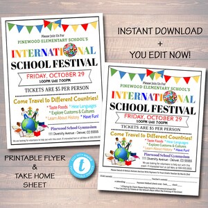 May include: Printable flyer for Pinewood Elementary School's International School Festival. The flyer is decorated with colorful flags and a globe. The event is on Friday, October 29th from 1:00 PM to 7:00 PM. Tickets are $5 per person. The flyer invites attendees to travel to different countries, taste foods, hear languages, explore customs and cultures, learn about history, and have fun. The event will be held at the Pinewood School Gymnasium, located at 1111 Diversity Avenue, Denver, CO 55555.