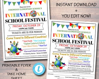 Bewerkbare International School Festival Flyer: afdrukbaar PTA PTO-evenement (digitaal)