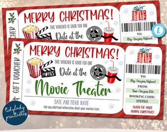 May include: Red and white printable Christmas gift voucher for a date at the movie theater. The voucher has a festive design with a movie reel, popcorn, and a drink. It says "Merry Christmas! This voucher is good for one Date at the Movie Theater".