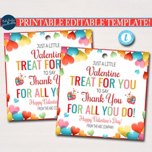 Valentine&#39;s Day Thank You Gift Tags, Teacher Staff Employee Nurse Volunteer Staff Appreciation Week, School pto pta, Editable Template