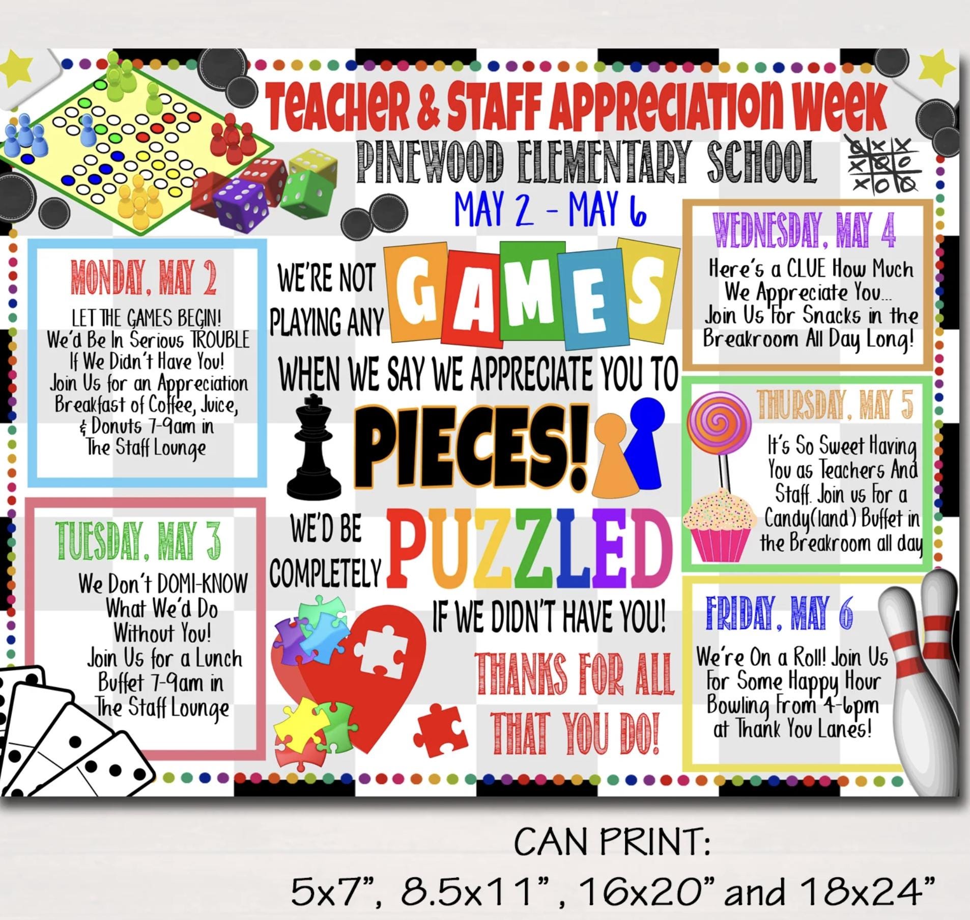 Board Games Themed Teacher Appreciation Week Itinerary Poster Printable ...