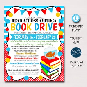 Read Across America Book Drive Flyer, Schul-Pto-Pta, Alphabetisierungsveranstaltung, Buchspenden-Community-Library Drive, druckbare, bearbeitbare Vorlage