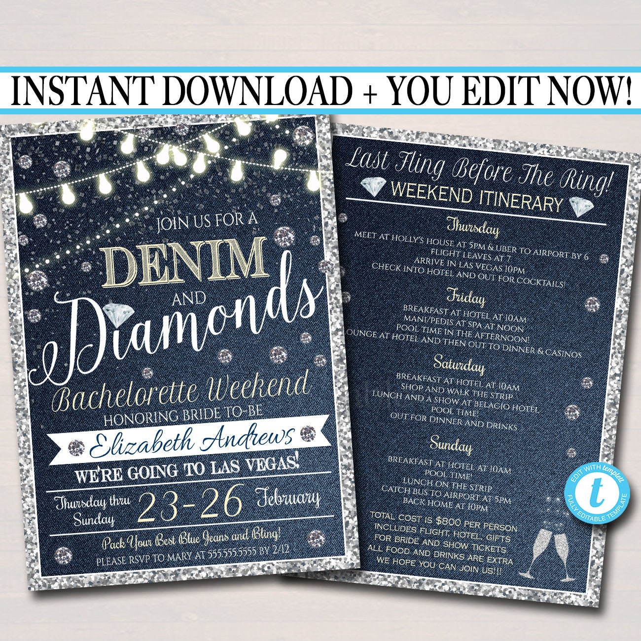 EDITABLE Denim and Diamonds Bachelorette Party Invitation Bridal Shower Wedding Ladies Weekend Country Itinerary Party