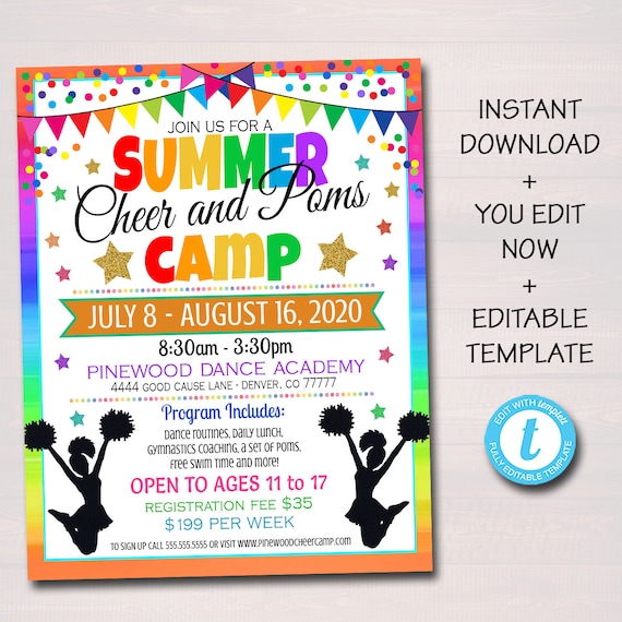 Cheerleading Camp Flyer, Girls Cheer Poms Dance Team Summer Camp