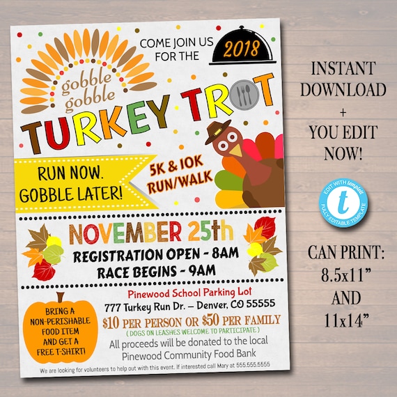 EDITABLE Turkey Trot Flyer/Poster Printable Fall Invitation, Community Thanksgiving Event, Charity Fundraiser Autumn Run, 5k 10k Race Flyer Il_570xn